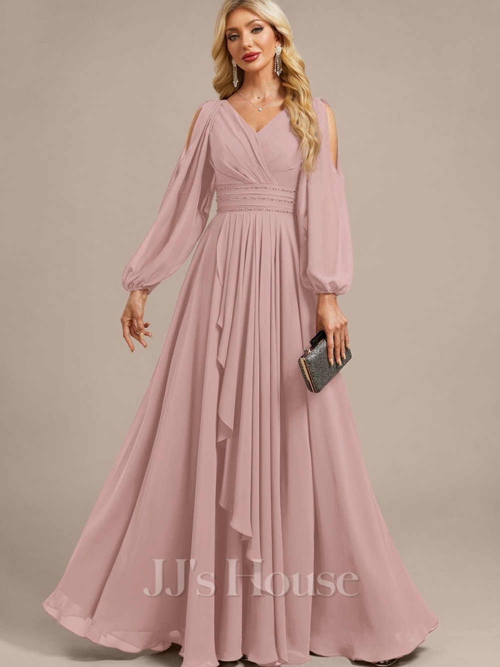 JJs House Blush Pink Long-Sleeve Pleated Evening Gown